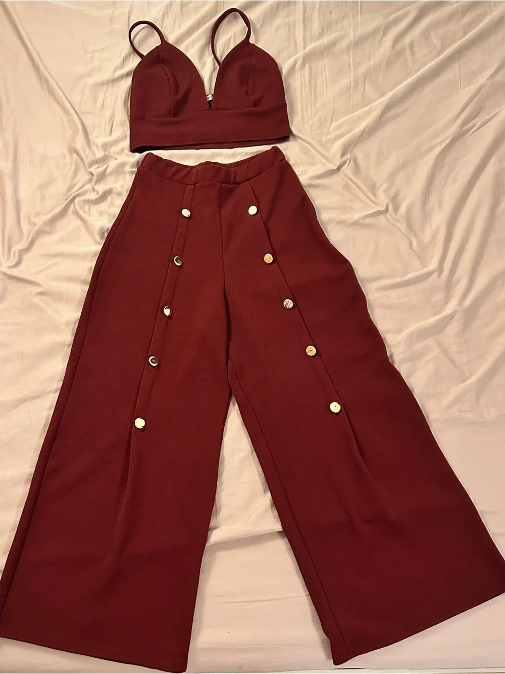 Boohoo Burgundy Matching Set Bralette & Wide-Leg Button-Front Pants